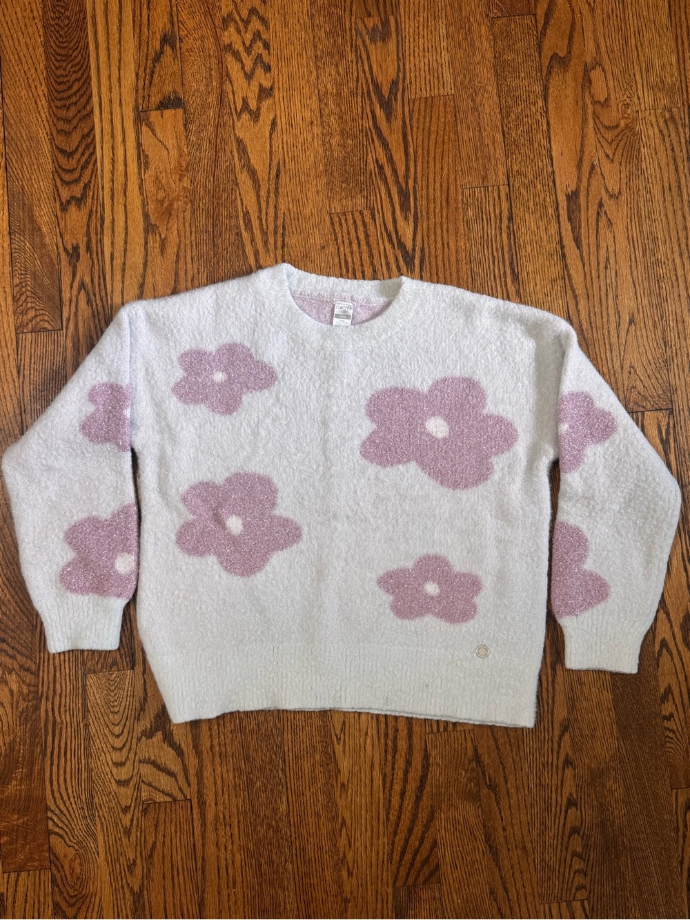 Limited Too Fuzzy Flower Sweater Girls L 12 14 White Pink Coquette Soft Plush
